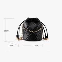 Black quilted leather bucket bag with gold chain strap, 16x13cm size, on white background