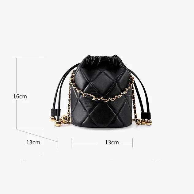Black quilted leather bucket bag with gold chain strap, 16x13cm size, on white background
