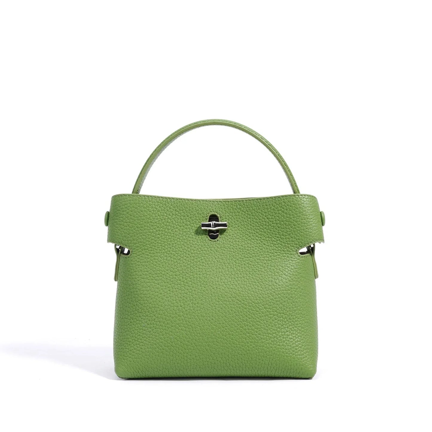 Green leather handbag with top handle and silver clasp on white background