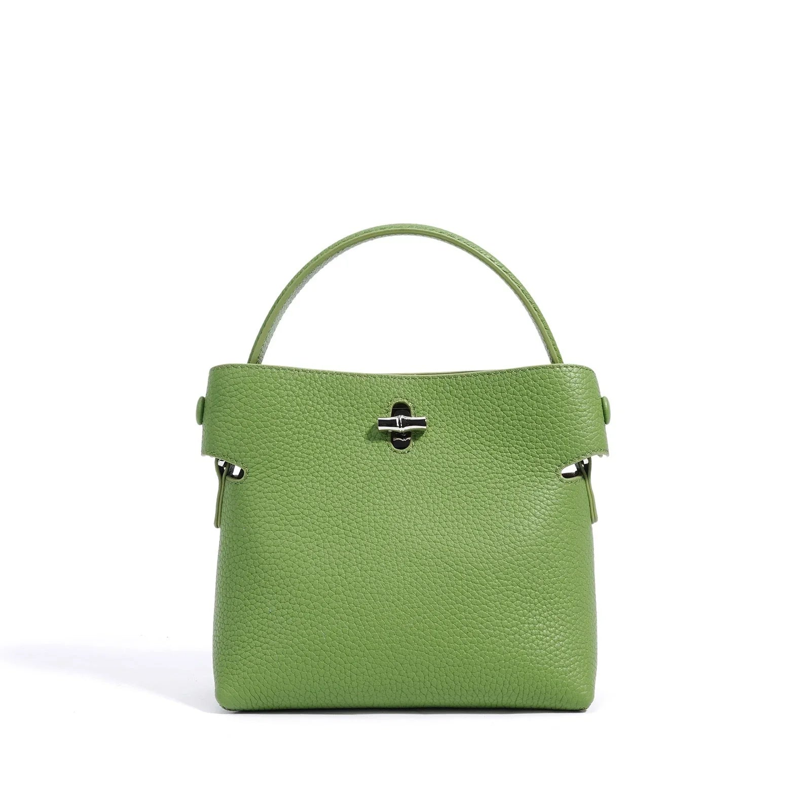 Green leather handbag with top handle and silver clasp on white background