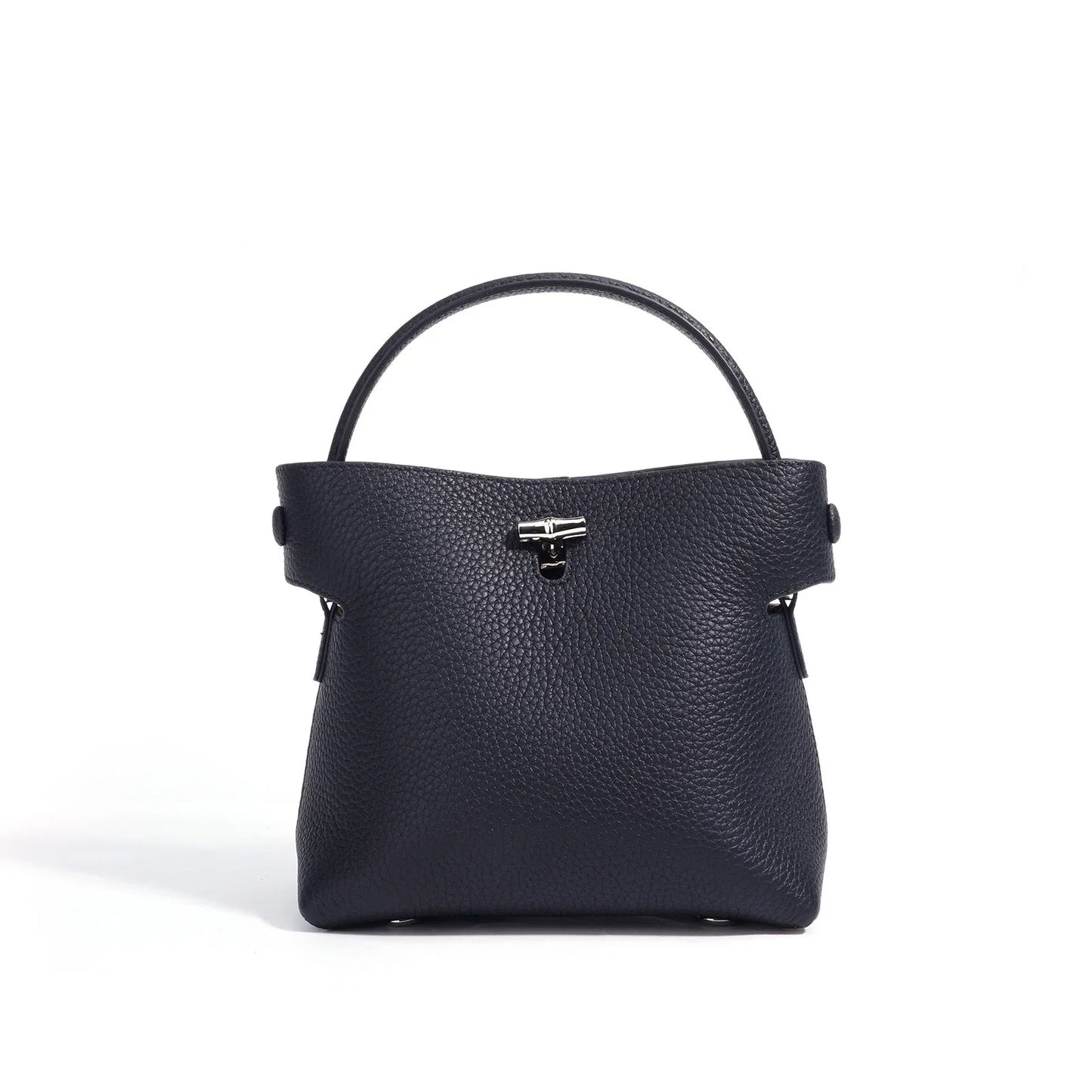 Black pebbled leather handbag with top handle and silver clasp on white background