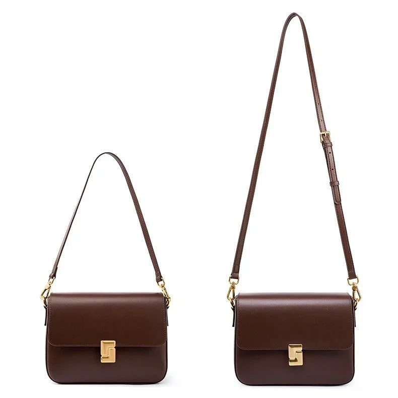 Two brown leather shoulder bags with gold clasps and adjustable straps on a white background