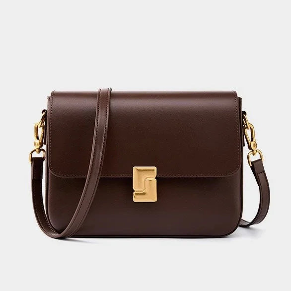 Brown leather crossbody bag with gold clasp and hardware on a plain background