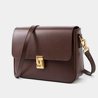 Brown leather crossbody bag with gold clasp and hardware on white background