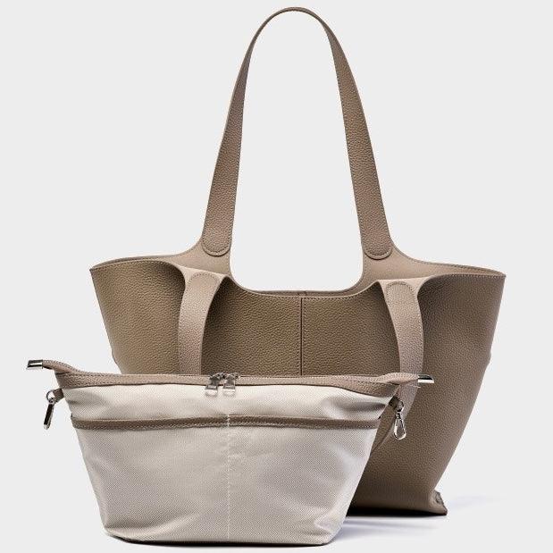 Taupe leather tote bag with matching beige zip pouch on light background