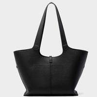 Black leather tote bag with double handles on a plain white background