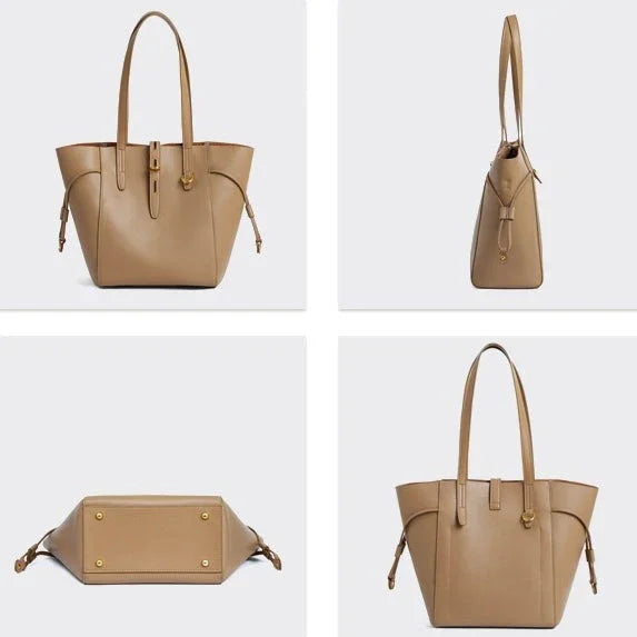 Tan leather tote bag with gold hardware shown from front, side, back, and bottom angles.