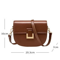 Brown leather crossbody bag with gold buckle, 20.3cm wide, 16cm tall, 7cm deep.