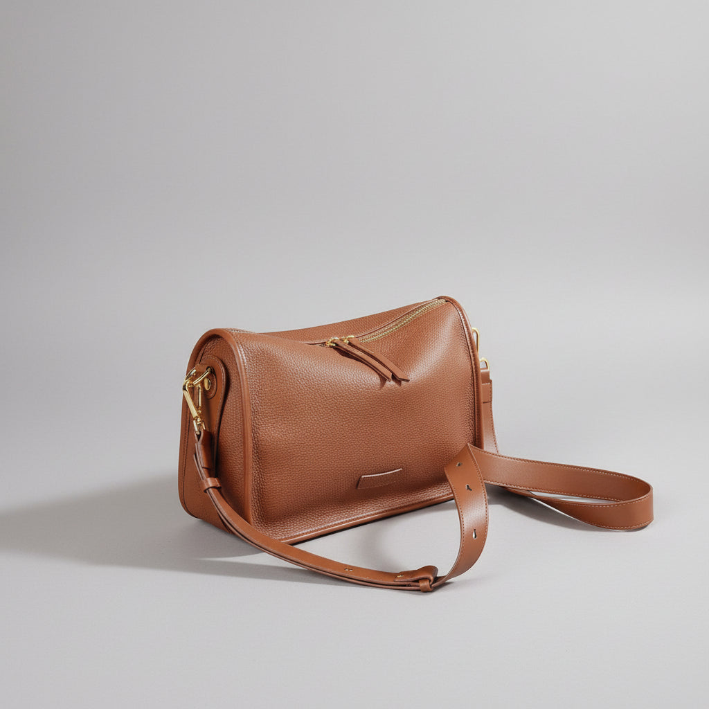 Brown leather crossbody bag with gold zipper on textured surface, rustic background