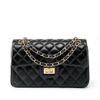 Black quilted leather handbag with gold chain strap and turn-lock closure
