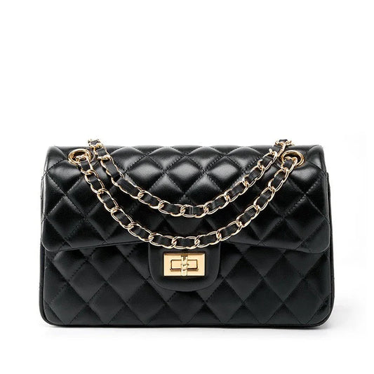 Black quilted leather handbag with gold chain strap and turn-lock closure