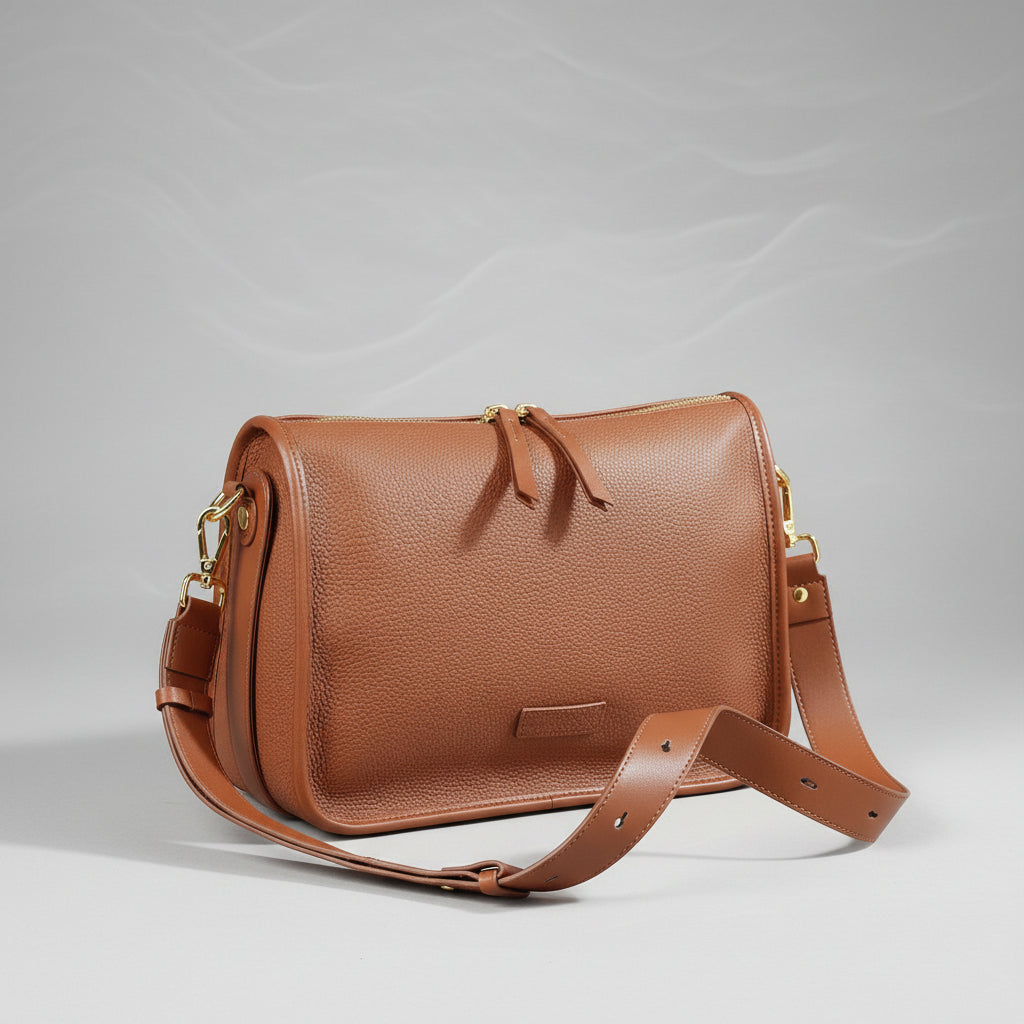 Brown leather crossbody bag with gold hardware on woven surface, rustic decor background