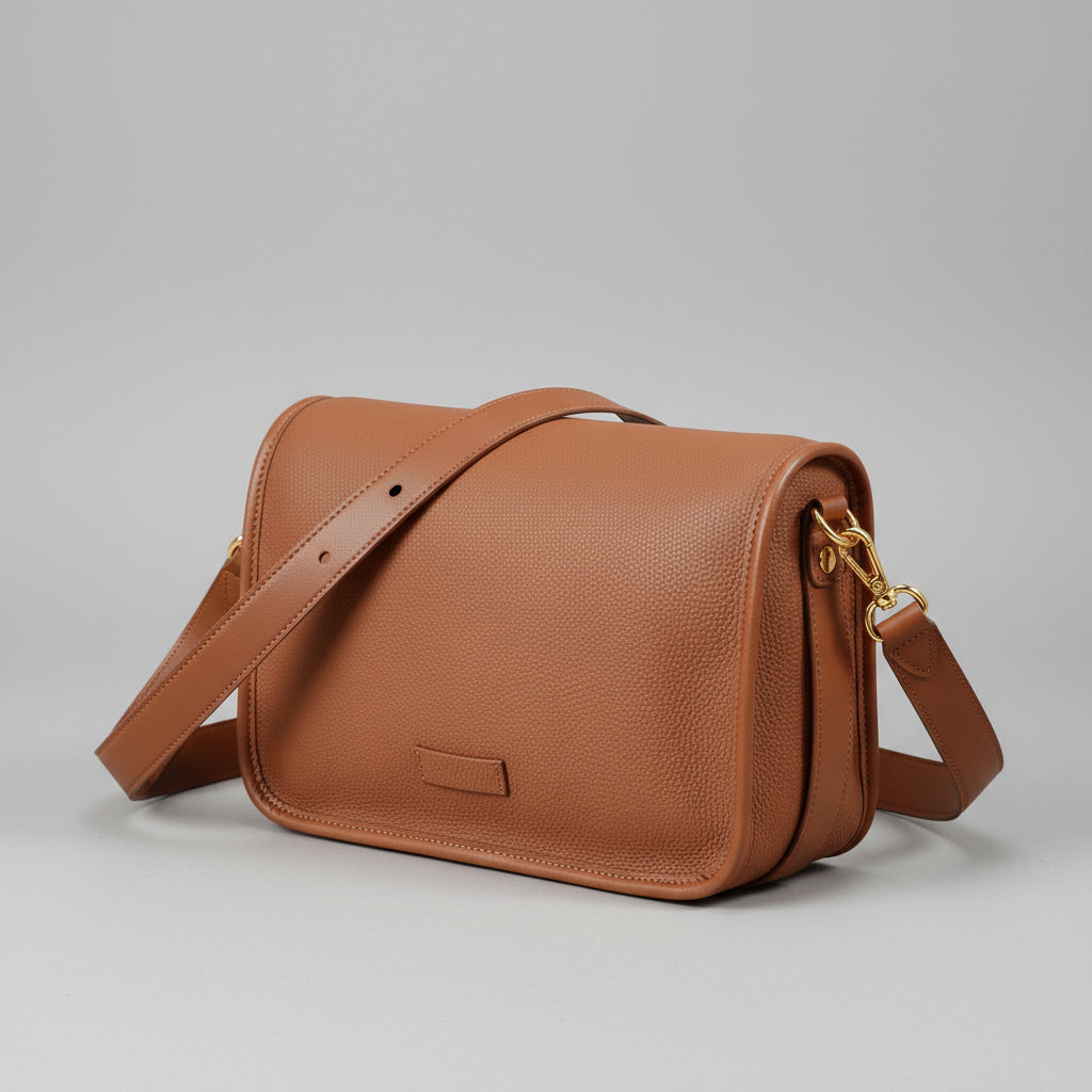 Brown leather crossbody bag on woven surface, with gold hardware and adjustable strap