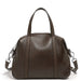 Dark brown leather handbag with top handles and detachable shoulder strap on white background
