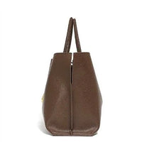 Side view of brown leather tote bag with double handles on white background