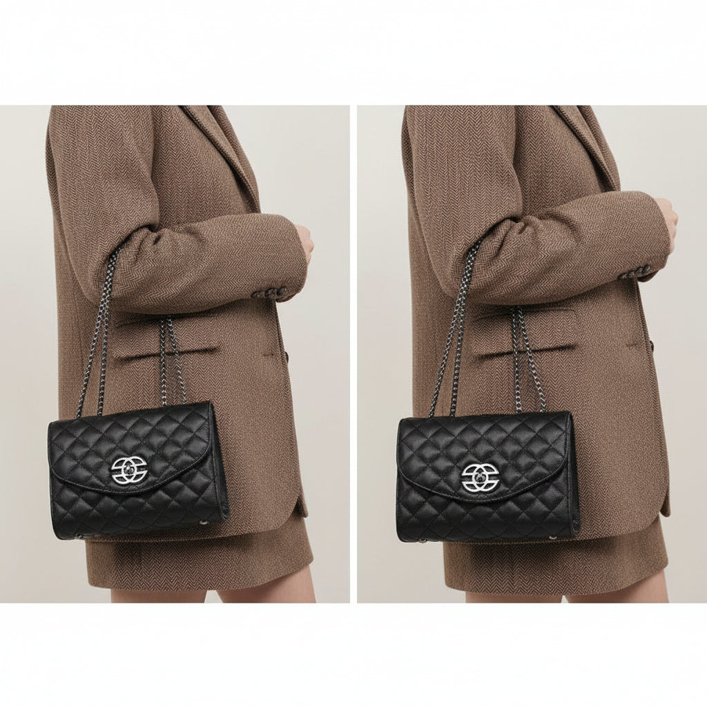 Black quilted leather handbag with chain strap and silver logo, worn over a brown herringbone coat