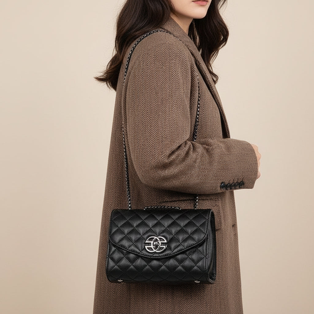 Black quilted leather shoulder bag with chain strap and silver logo on brown herringbone coat