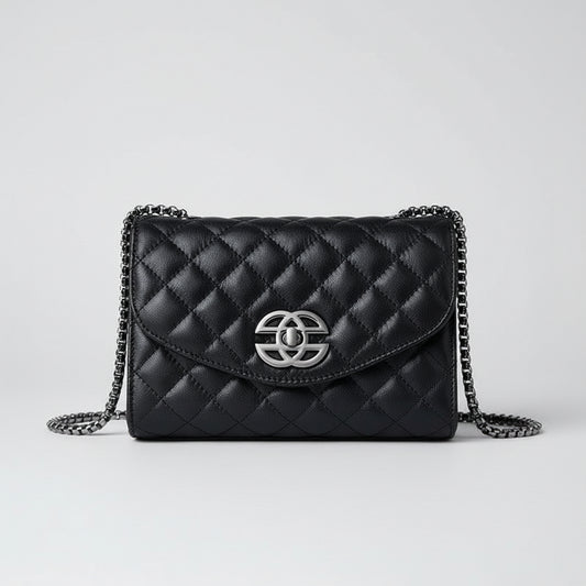 Black quilted leather shoulder bag with silver chain strap and metallic logo clasp