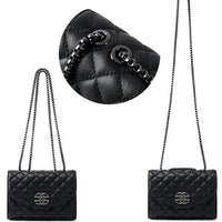 Black quilted leather crossbody purse with chain strap and silver clasp detail