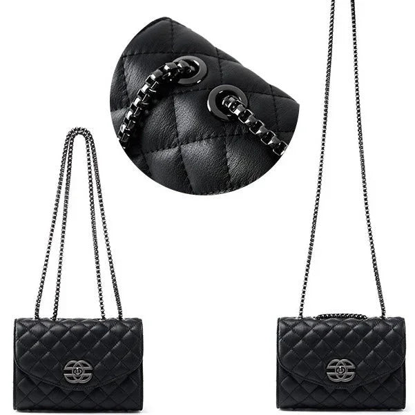 Black quilted leather crossbody purse with chain strap and silver clasp detail