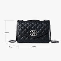 Quilted black leather crossbody bag with silver chain strap, 20x15x7cm, fashion purse
