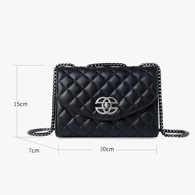 Quilted black leather crossbody bag with silver chain strap, 20x15x7cm, fashion purse