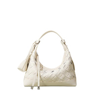 Ivory woven leather hobo bag with top handle, minimalist design on neutral background