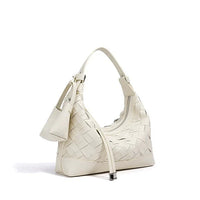 White woven leather shoulder bag with matching mini pouch, minimalist design on white background