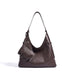 Brown leather shoulder bag with matching pouch, minimalist design, white background