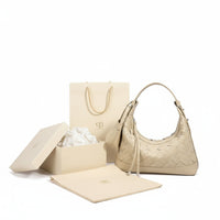 Beige woven leather shoulder bag with mini pouch, hobo style, on white background