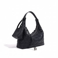 Black woven leather hobo bag with zip closure and detachable pouch on white background