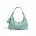 Mint green woven leather shoulder bag with zipper and matching pouch on white background