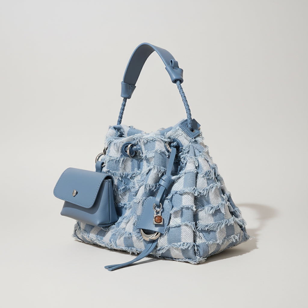 Blue plaid denim handbag with braided handle and attached mini pouch on beige background