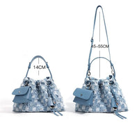 Light blue checkered denim handbag with adjustable straps, detachable pocket, measurements shown