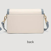Back view of a cream and blue crossbody bag with gold hardware on a light background.