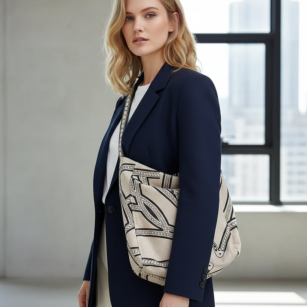 Woman carrying large beige canvas tote bag with black geometric print indoors