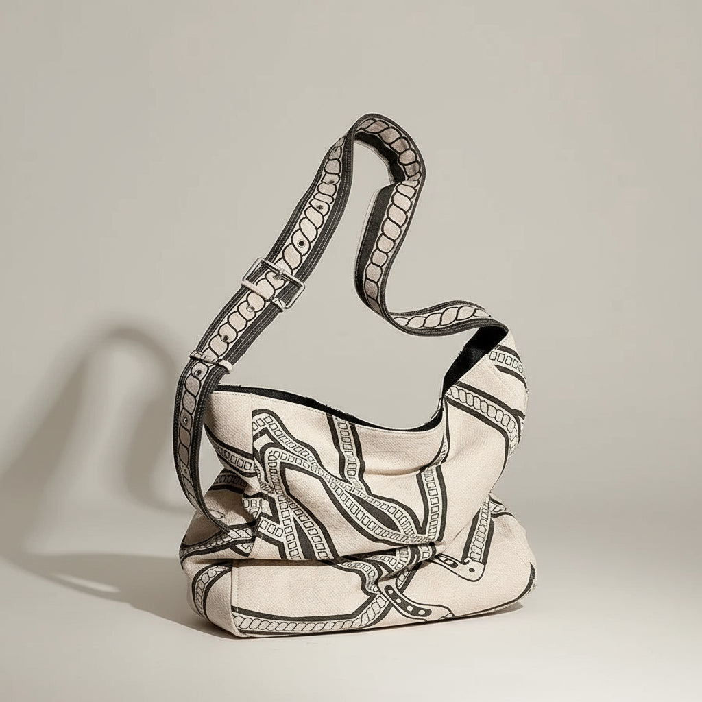 Patterned canvas shoulder bag with black and white chain design on a wooden cane chair