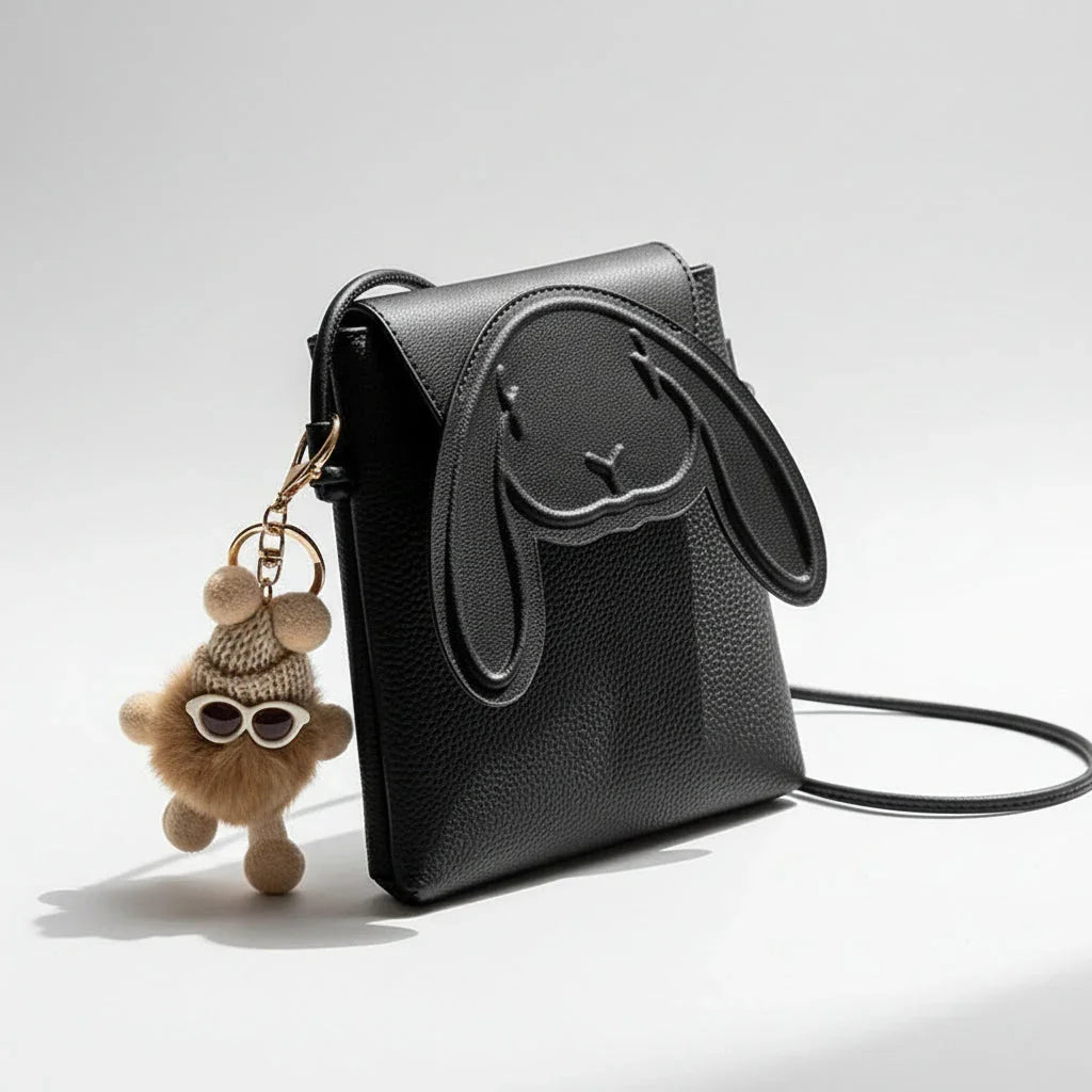 Black crossbody bag with bunny face design and a fluffy keychain bear accessory