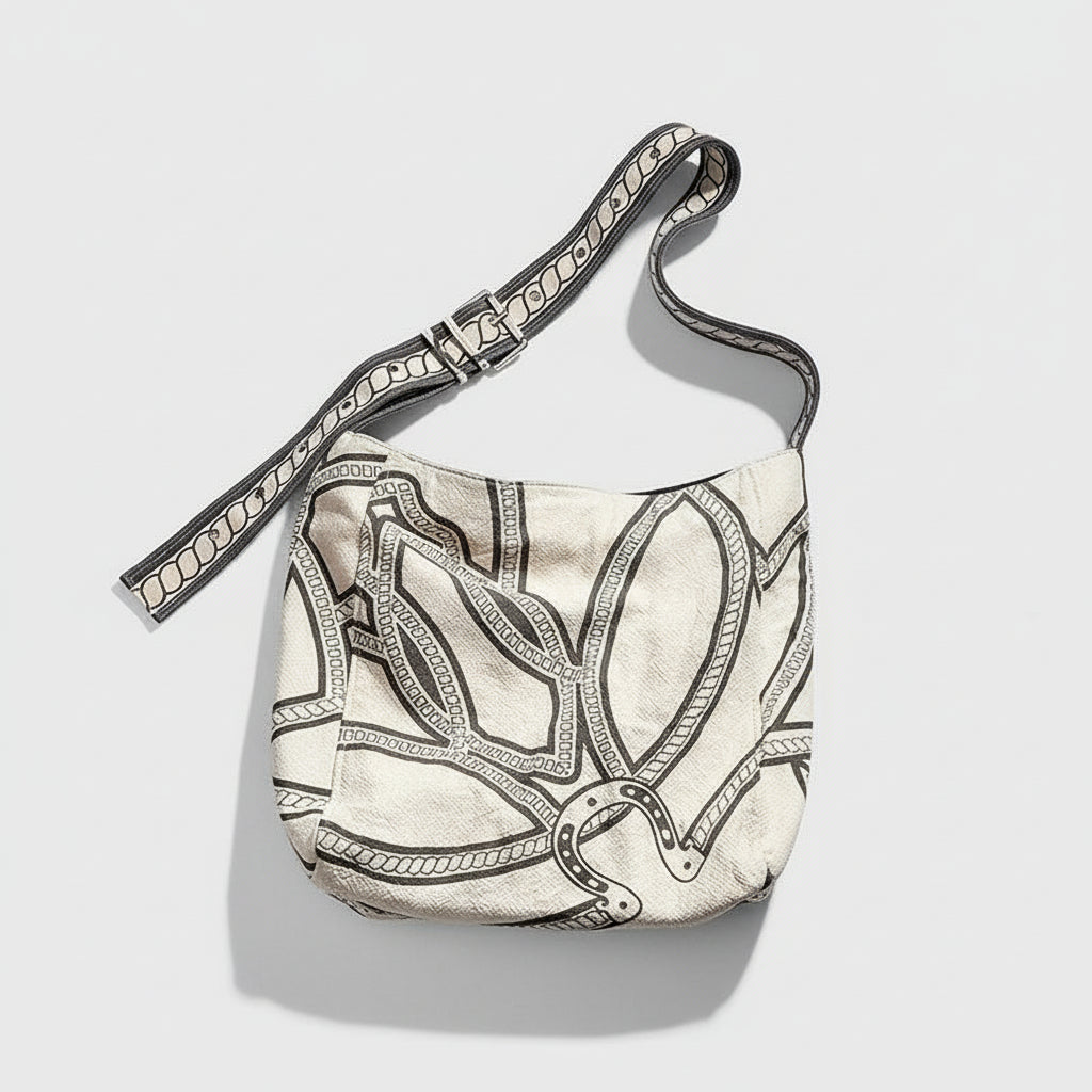 Beige shoulder bag with black and grey geometric line patterns on a tan background