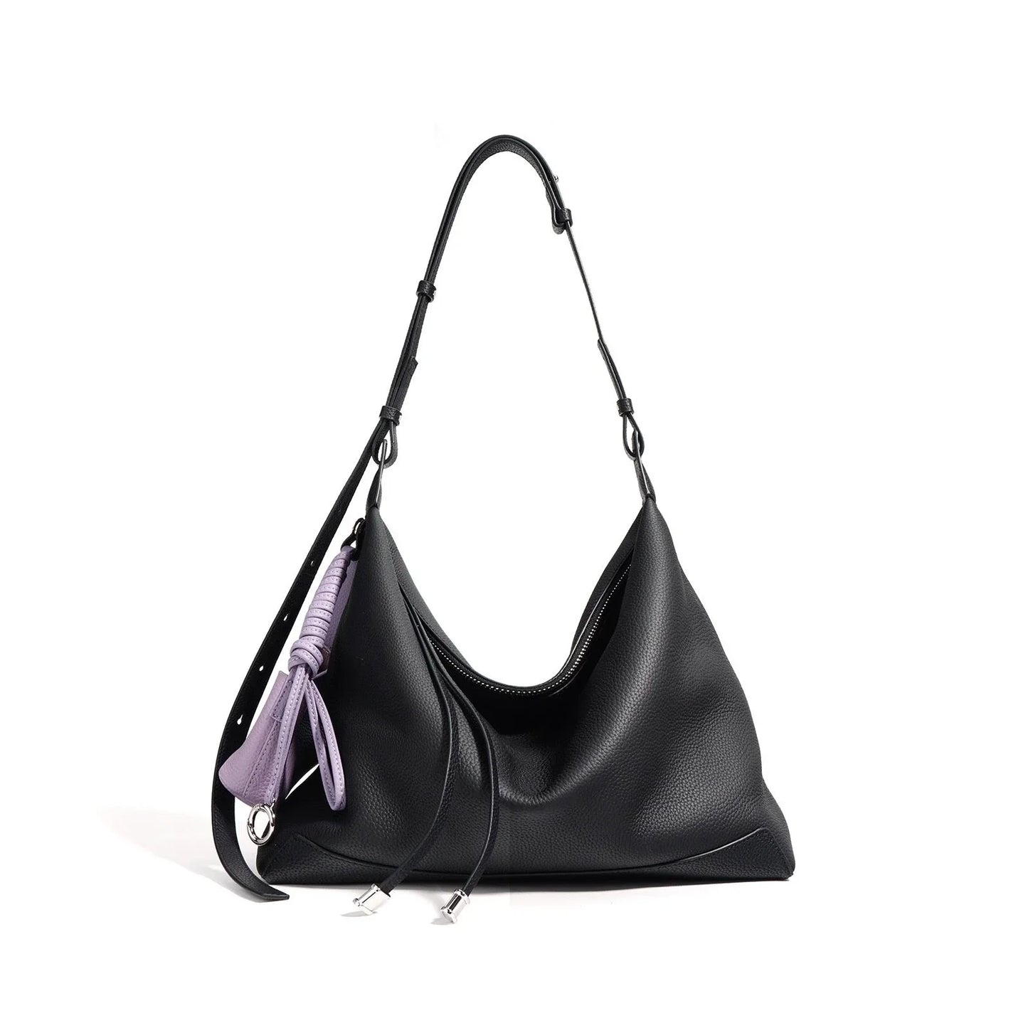 Black leather hobo shoulder bag with adjustable strap and purple tassel accent