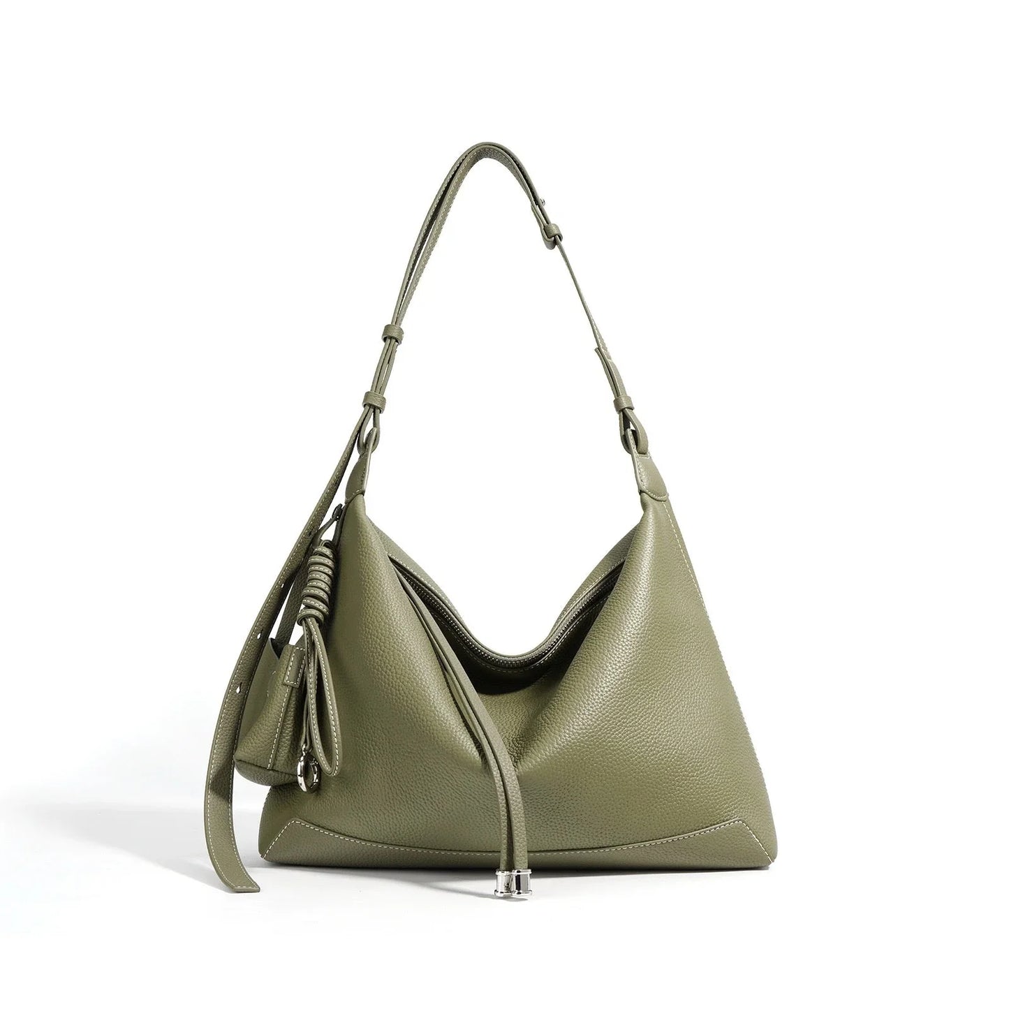Olive green leather hobo bag with single shoulder strap and minimalist silver hardware