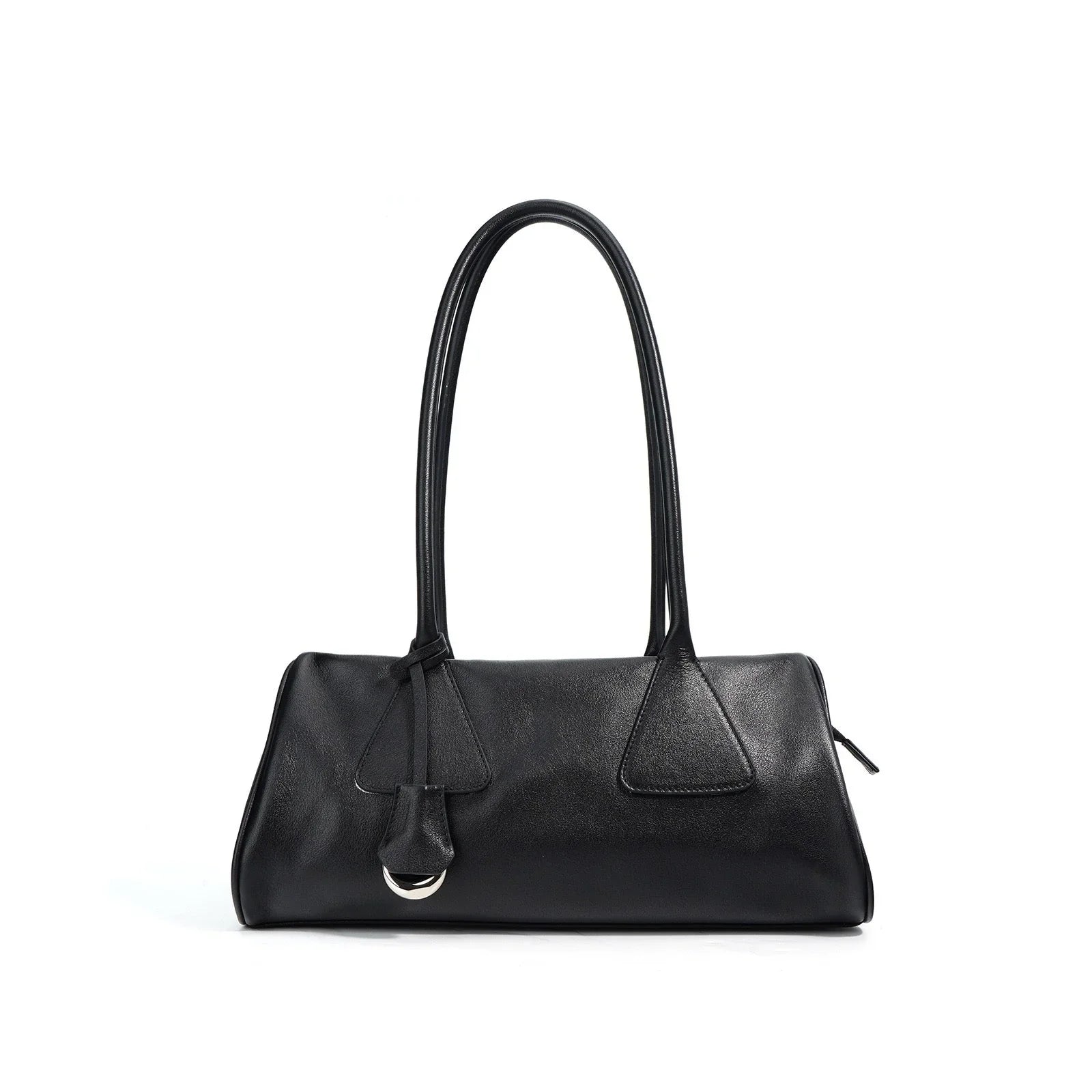 Black leather shoulder bag with double handles and silver ring accent on white background
