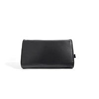 Black leather clutch bag on white background