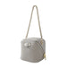 Gray leather cube handbag with gold zipper and chain strap on white background