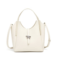 White leather bucket bag with top handle, shoulder strap, and silver buckle clasp