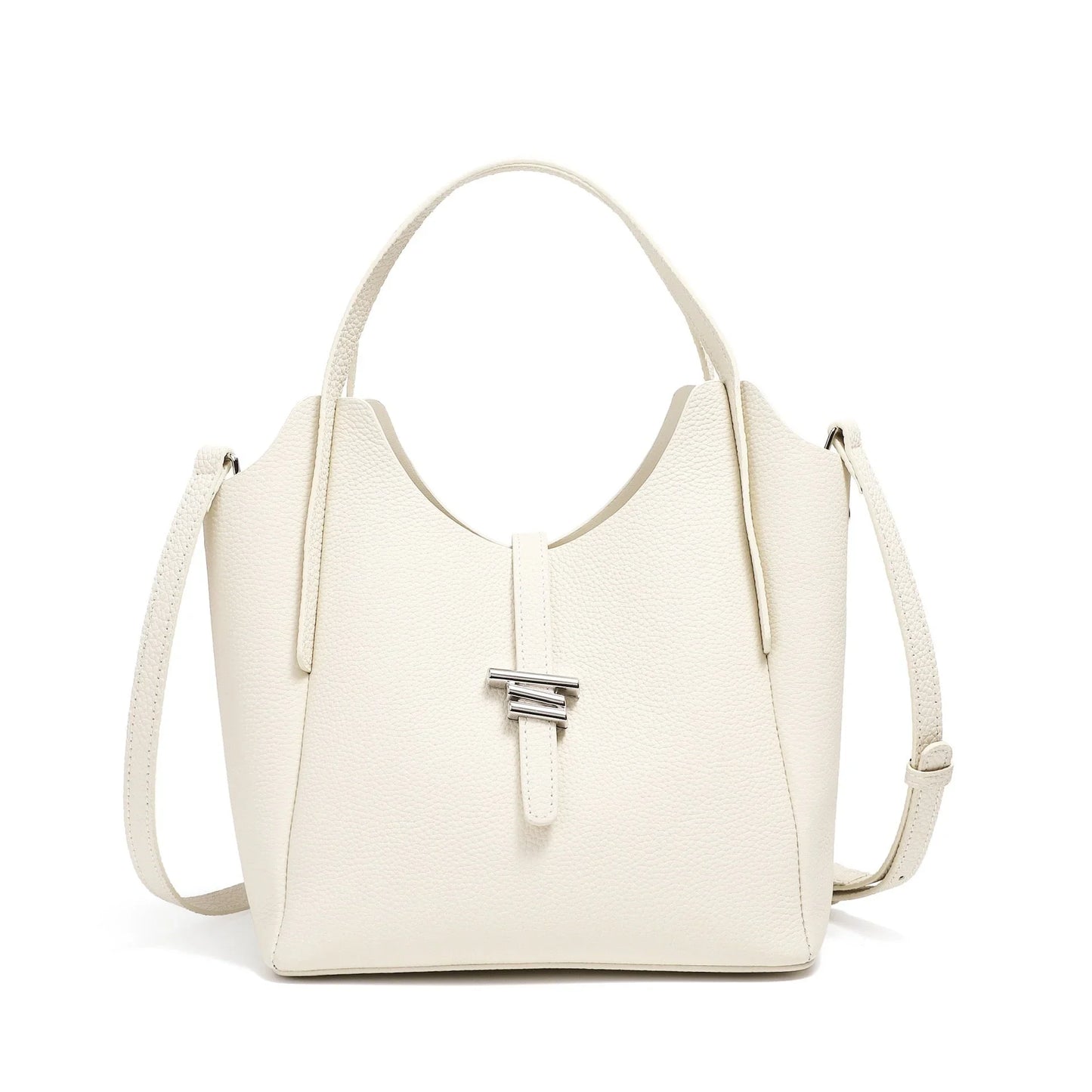 White leather bucket bag with top handle, shoulder strap, and silver buckle clasp