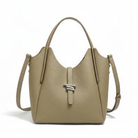 Taupe leather tote handbag with top handle, shoulder strap, and silver clasp on white background