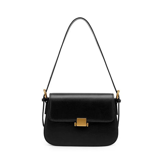 Black leather shoulder bag with gold buckle on white background