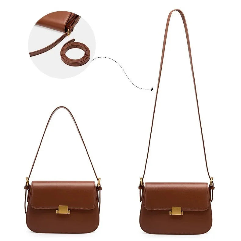 Brown leather shoulder bag with adjustable strap and gold clasp, shown in two lengths.