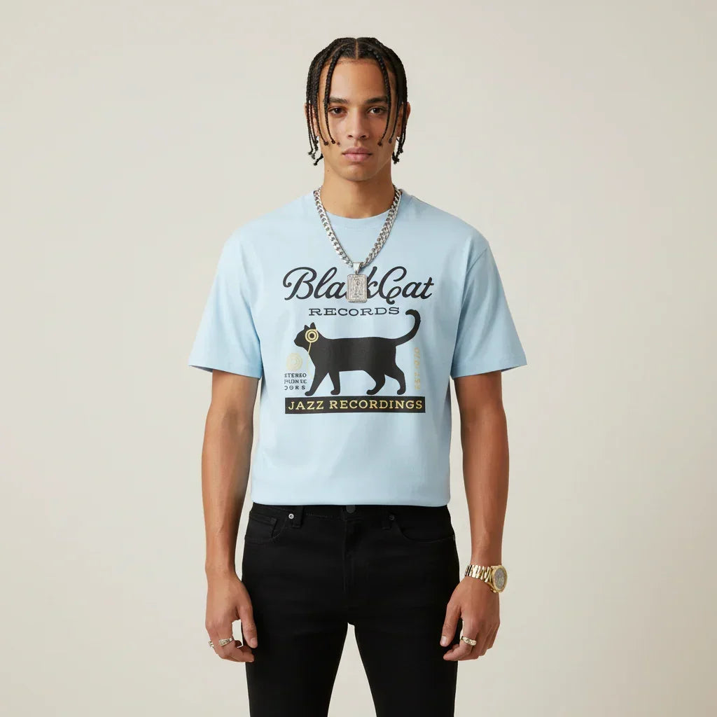 Japan T-Shirt Men’s Black Cat Records Jazz Printed Tee | Rebooters